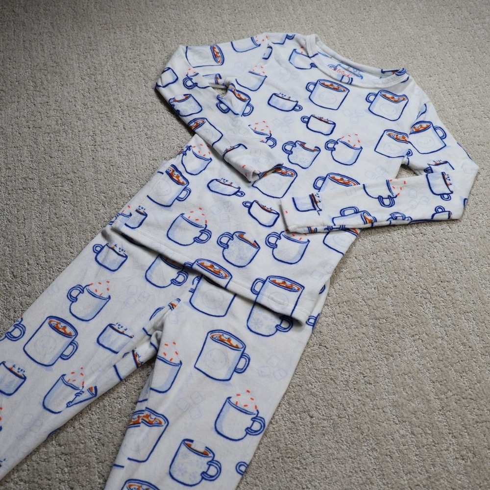 Cat & Jack Kids Hot Cocoa Mug Pajama Set Size 10 White Blue Snug Fit PJ
